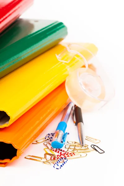 Colorful office folders and pens — Stock Photo, Image