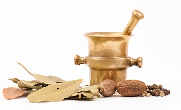 Brass mortar with spices — Stock Photo, Image