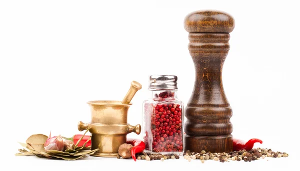 Wooden salt shaker and brass mortar with spices — Stock Photo, Image