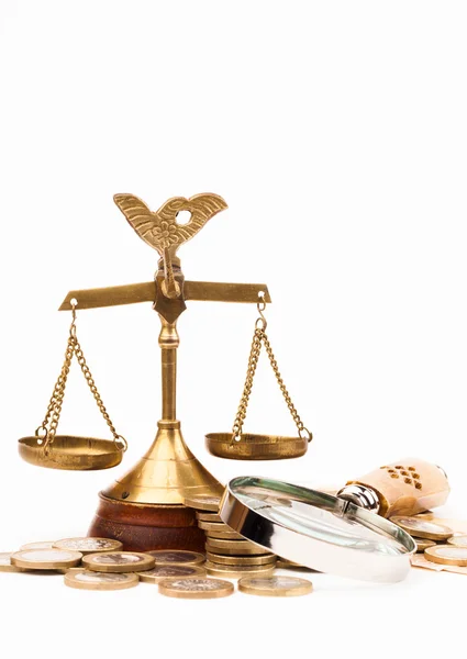Scales of justice and money isolated on white — Stock Photo, Image