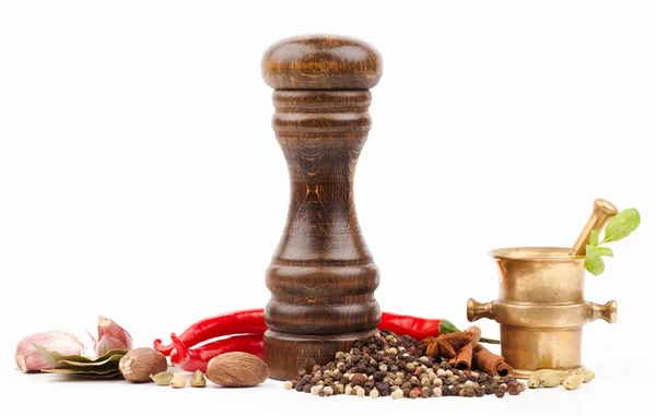 Wooden salt shaker brass mortar with spices — Stock Photo, Image