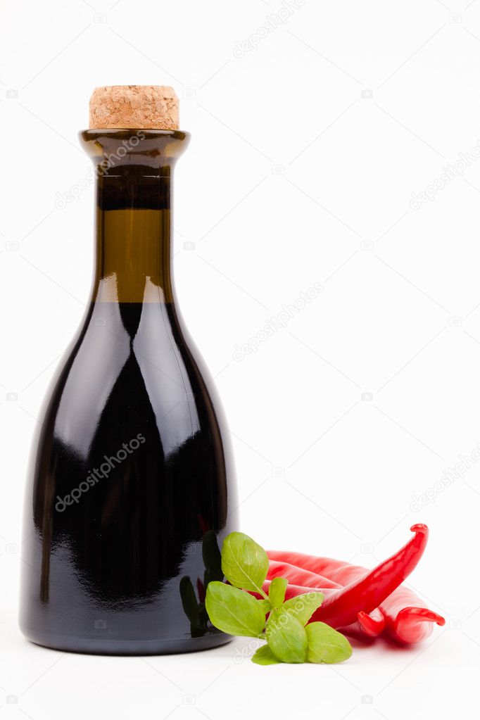 Bottle of vinegar with pepperoni