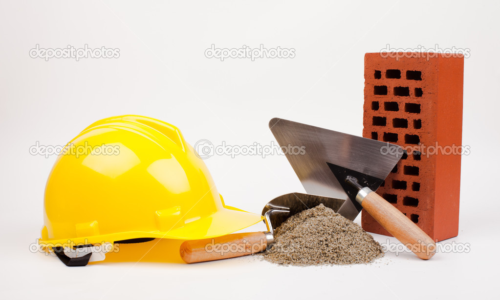 Hardhat, brick and mason tools
