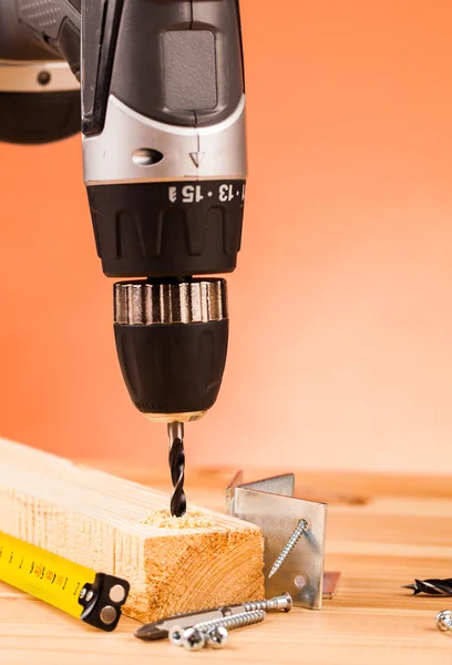 Drill and wood mounting tools — Stock Photo, Image