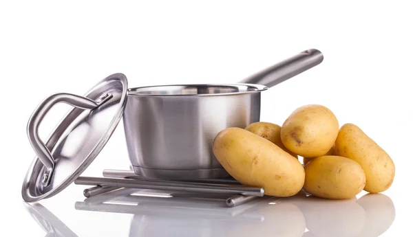 Ziemniaki i garnek ze stali nierdzewnej — Zdjęcie stockowe