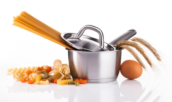 Pasta and steel pot isolated on white background — Stock Photo, Image