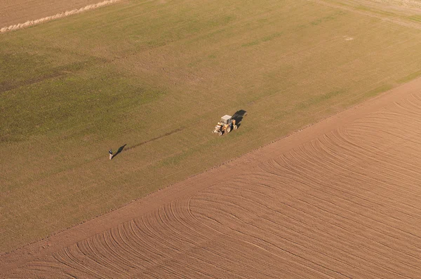 Vue aérienne des champs de récolte avec tracteur — Photo