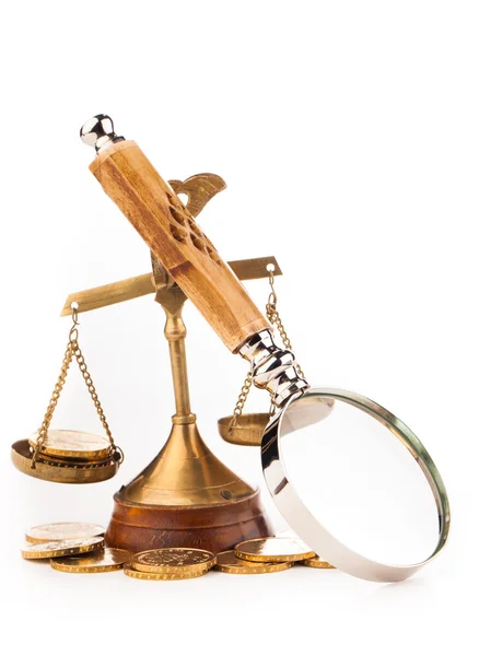 Scales, money and magnifying glass — Stock Photo, Image