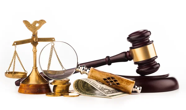 Scales,gavel, money and magnifying glass — Stock Photo, Image