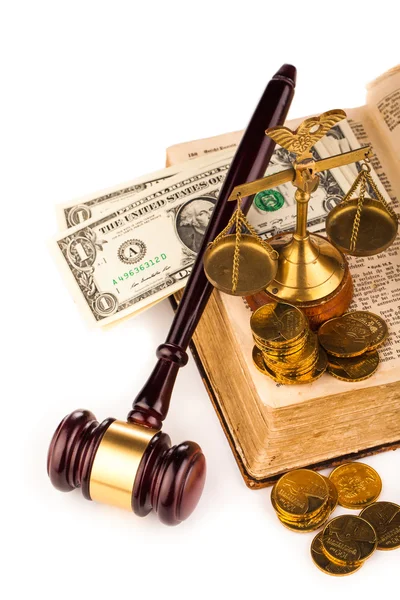 Gavel scales of justice,money and old book — Stock Photo, Image