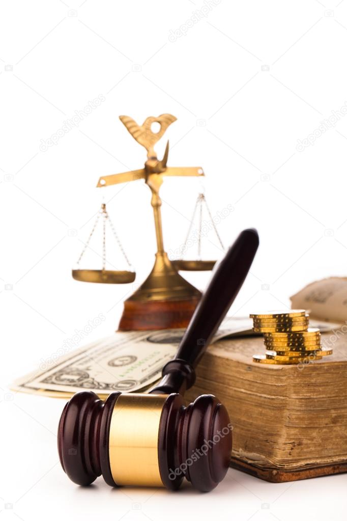 Gavel scales of justice,money and old book
