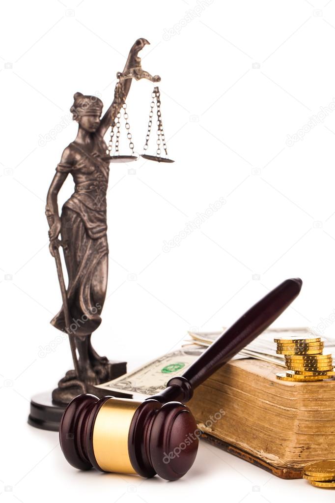 Gavel lady of justice,money and old book