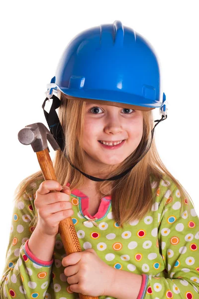 Little girl in the construction helmet isolated on white — Stock Photo, Image