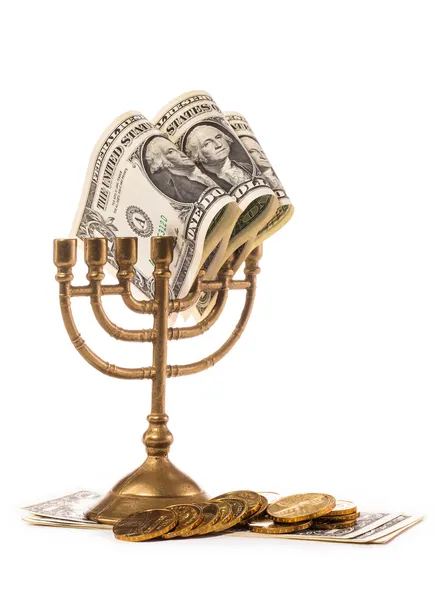 Hanukkah menorah con dinero en dólares —  Fotos de Stock