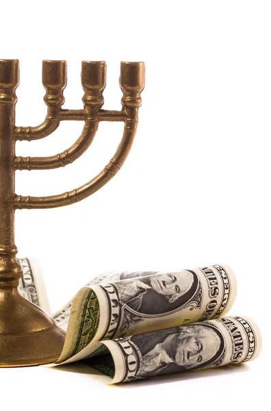 Hanukkah menorah con dinero en dólares — Foto de Stock