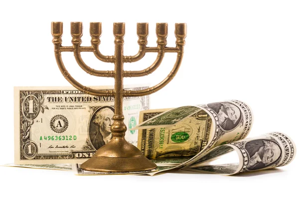 Chanoeka menorah met dollar geld — Stockfoto