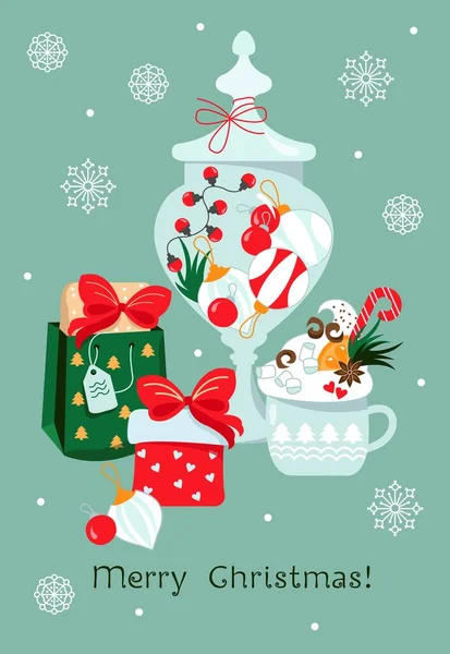 Noel için kartpostal. Yılbaşı tatilleri. Vektör çizimi. Hediyeler, bir vazo oyuncak, top, kakao..