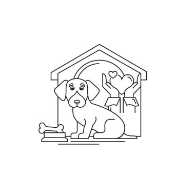 Hayvanların refahı. Vektör, doğrusal simge. Yardım, yardım. Gönüllü olarak. Köpek kulübesinde güvende..