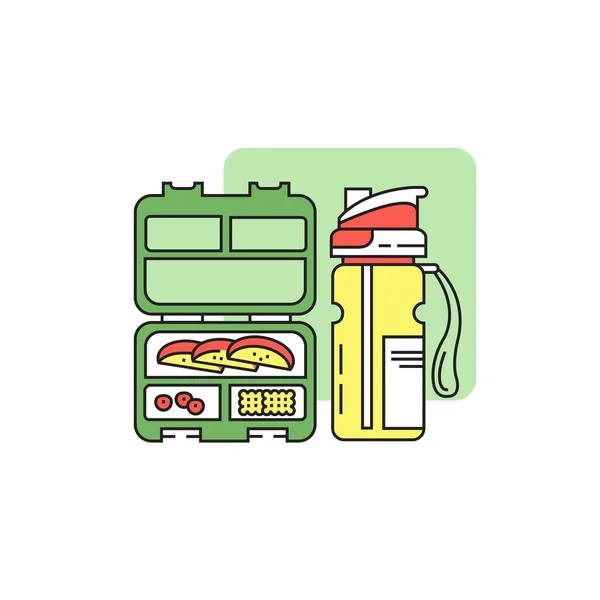 Lunch Box Food Water Vector Linear Colored Icon Back School — Vettoriale Stock