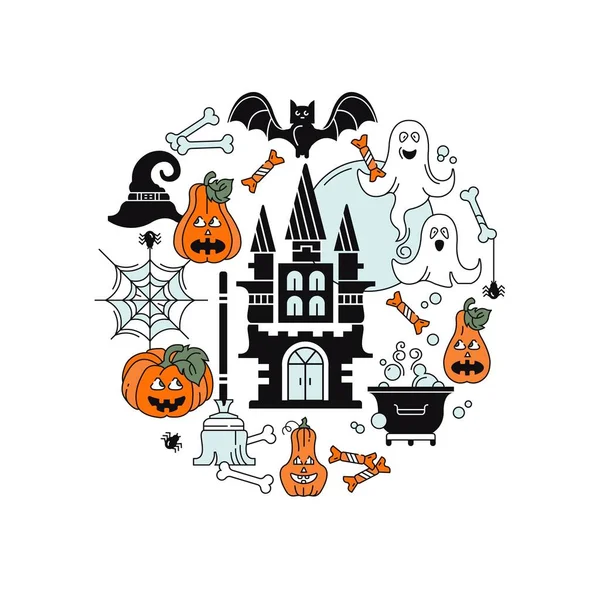 Coleção Elementos Férias Halloween Vetor Ilustração Colorida Castelo Abóboras Teias — Vetor de Stock