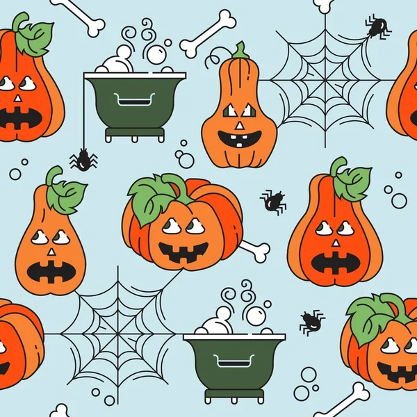 Feliz Halloween Fundo Sem Costura Ilustração Cores Vetoriais Abóboras Teias — Vetor de Stock