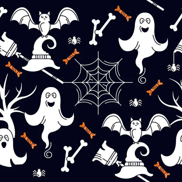 Feliz Halloween Fundo Sem Costura Ilustração Cores Vetoriais Fantasmas Teias — Vetor de Stock