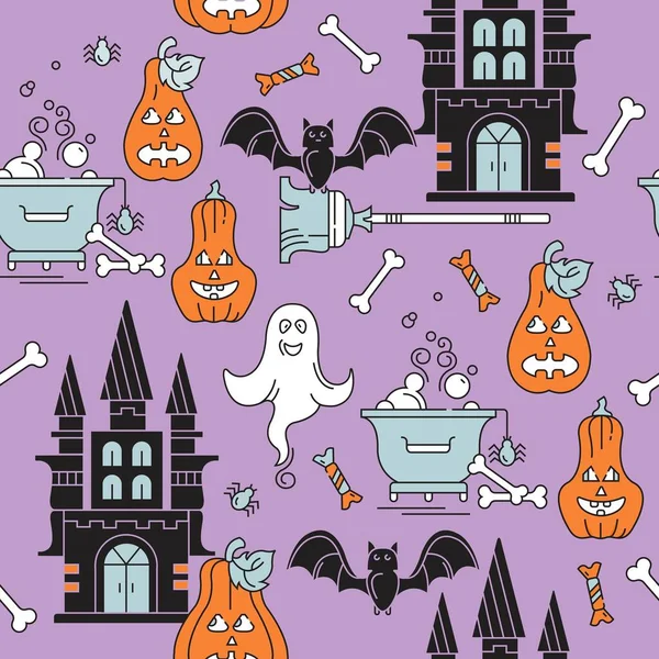 Fundo Sem Costura Com Feliz Halloween Vetor Ilustração Colorida Castelo — Vetor de Stock