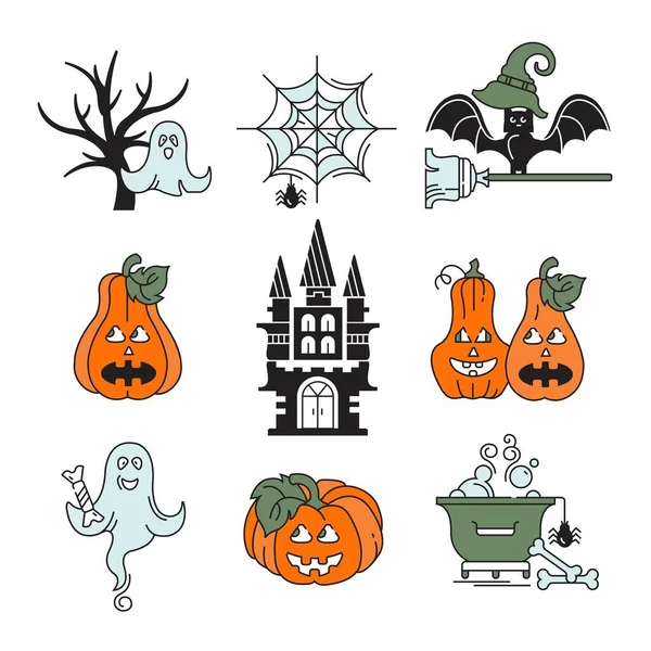 Conjunto Vetor Colorido Ícones Férias Halloween Castelo Abóboras Fantasma Teias — Vetor de Stock
