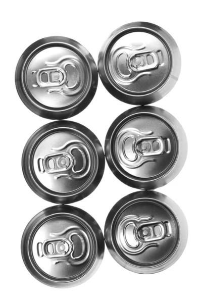 Beer cans on white background, view from the top — Stock Photo, Image