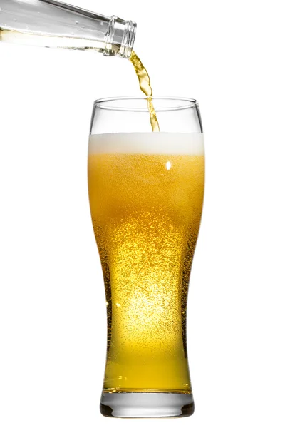Cerveja está derramando em vidro no fundo branco — Fotografia de Stock