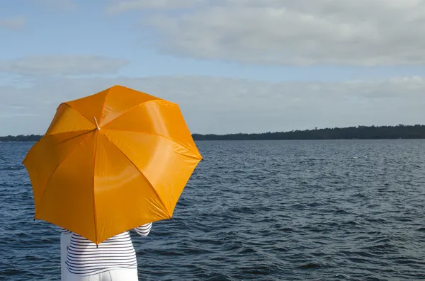 Pessoa solitária sob guarda-chuva lago fundo — Fotografia de Stock