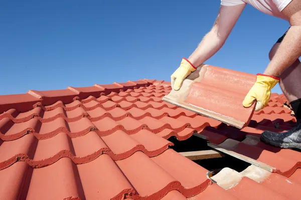 Trabajadores de la construcción azulejos reparación de techos Imagen De Stock