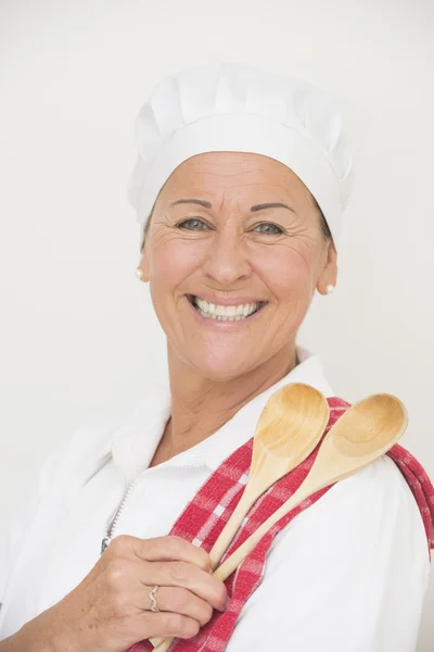 Lachende vrouw cook gelukkig portret — Stockfoto