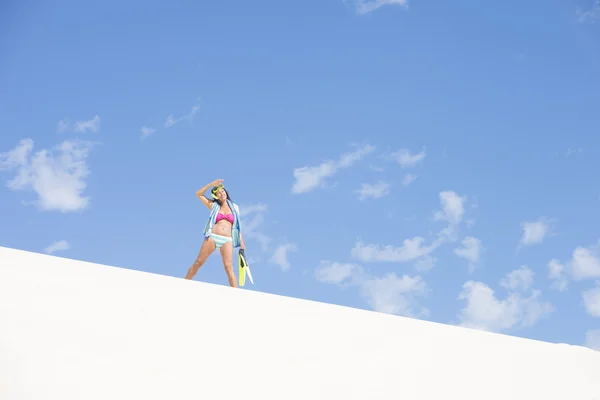 Fit healthy mature woman beach sand dune — Stock Photo, Image