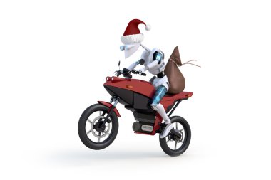 Robot with Santa Hat Riding Motorcycle clipart