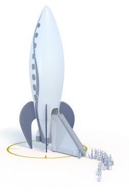 50 'lerin stili bir roket gemisine binen bagajlı bir robot çizgisi..