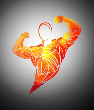 Vücut geliştirici çıkış vektörü. Spor salonunda kaslı vücut geliştiren adam triseps kası pozu veriyor..