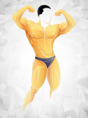 Vücut geliştirici çıkış vektörü. Spor salonunda kaslı vücut geliştiren adam triseps kası pozu veriyor..