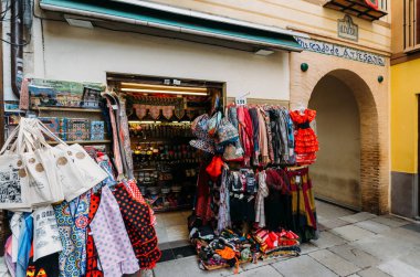 Granada, Spain - December 28, 2021: Alcaiceria market known as the Grand Bazaar of Granada represents the original Moorish market of silk, spices and other valuable goods.