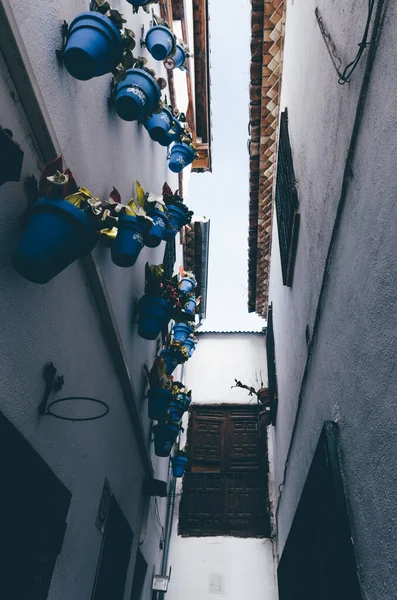 Granada Spain December 2021 Whitewashed Narrow Street Hanging Blue Pots —  Fotos de Stock