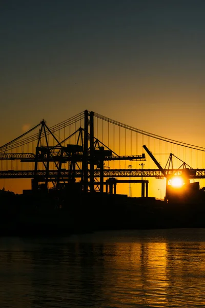 Silhouette Cranes Port Lisbon Portugal April Bridge Background Sunset — Stock fotografie