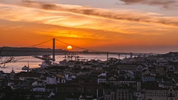 Sunset Overlooking Lisbon Baixa April Bridge Tagus River Portugal — Stok fotoğraf