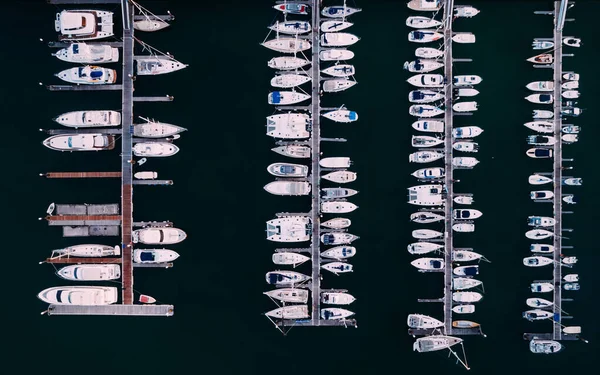 Aerial Top View Yachts Sailboats Moored Marina Drone Top View — стоковое фото