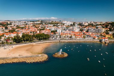 Aerial View Paco de Arcos bay - Artificial geyser - Oeiras, Portugal on a summer day