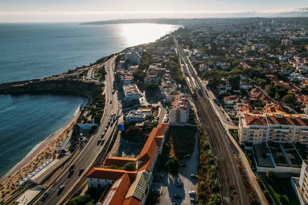 Aerial Drone View Facing Westerwards Parede Lisbon Region Portugal Train — Foto de Stock