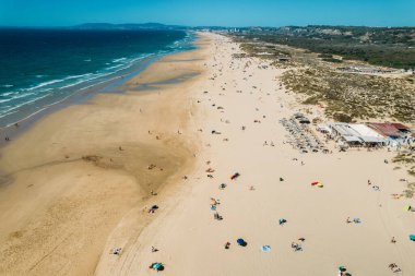 Aerial view of Caparica Beach in Almada District, Greater Lisbon, Portugal on a summer day