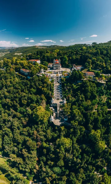 Aerial vertical view of Bom Jesus church in Braga, Portugal. This sanctuary is a notable example of Christian pilgrimage site with a monumental, Baroque stairway that climbs 116 meters