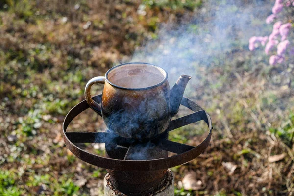 Boiling Water Kettle Wood Burning Stove Hard Times How Survive — Stock Photo, Image