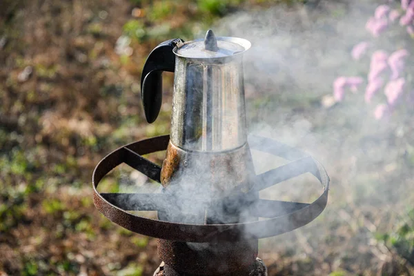 Making Coffee Garden Geyser Coffee Maker Wood Burning Stove Beautiful — Stock Photo, Image