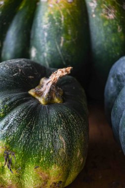 Masadaki kabağı topla, olgun yeşil çeşitlilikte..